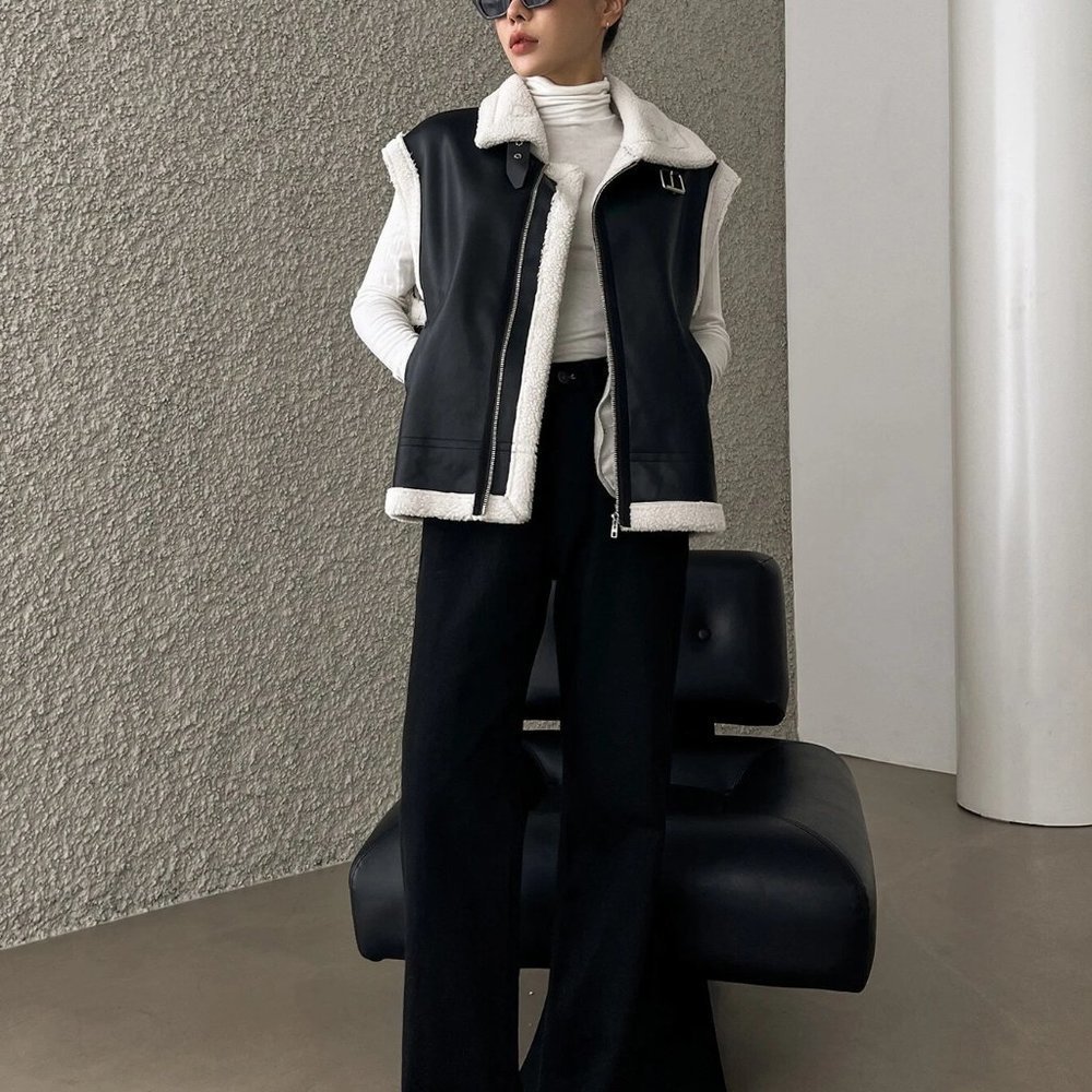 Black And White Boho Womens Contrast Trim Zip Up PU Vest Coat - Picture 6 of 6